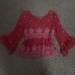 American Eyelet Boho Women's Red Embroidered Peasant Blouse